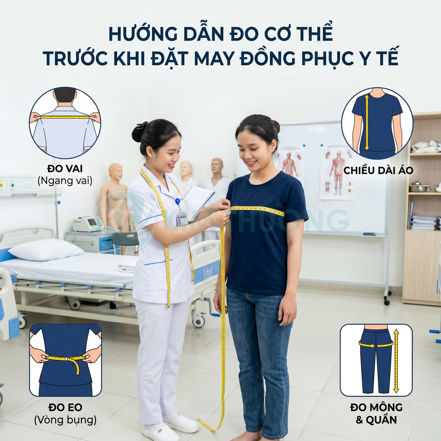 Nhân viên y tế đo số đo cơ thể khách hàng để may đồng phục y tế vừa vặn