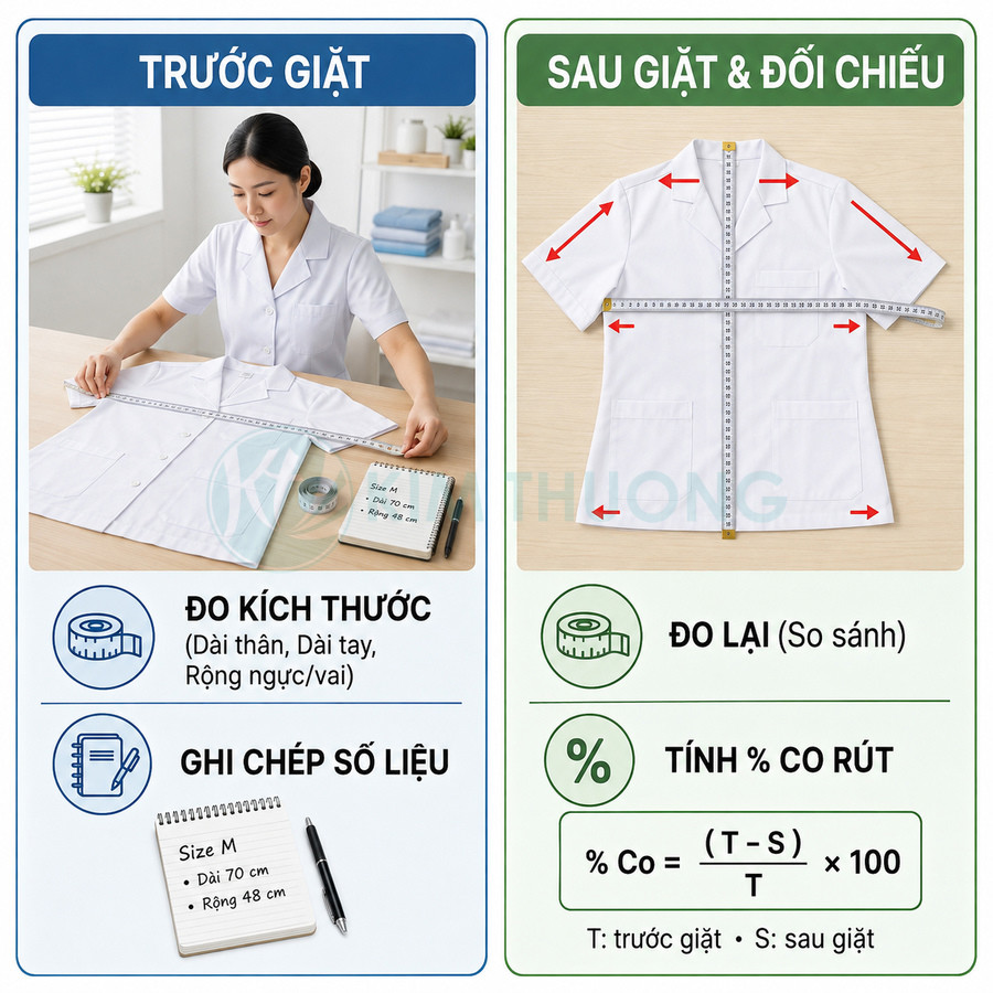 Hướng dẫn đo kích thước áo blouse trắng trước và sau khi giặt để so sánh độ co rút vải