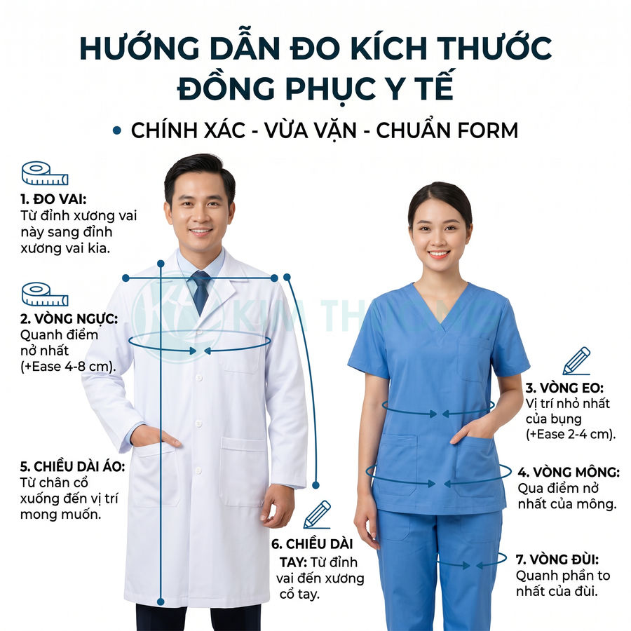 Hướng dẫn đo size đồng phục y tế với bác sĩ mặc áo blouse trắng và nữ y tá mặc scrub xanh