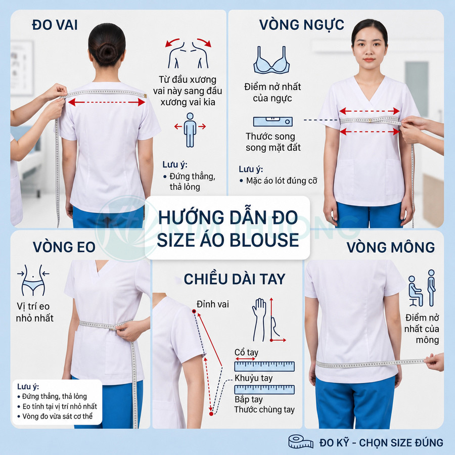 Hướng dẫn đo size áo blouse y tá với mẫu nữ mặc áo blouse trắng quần xanh
