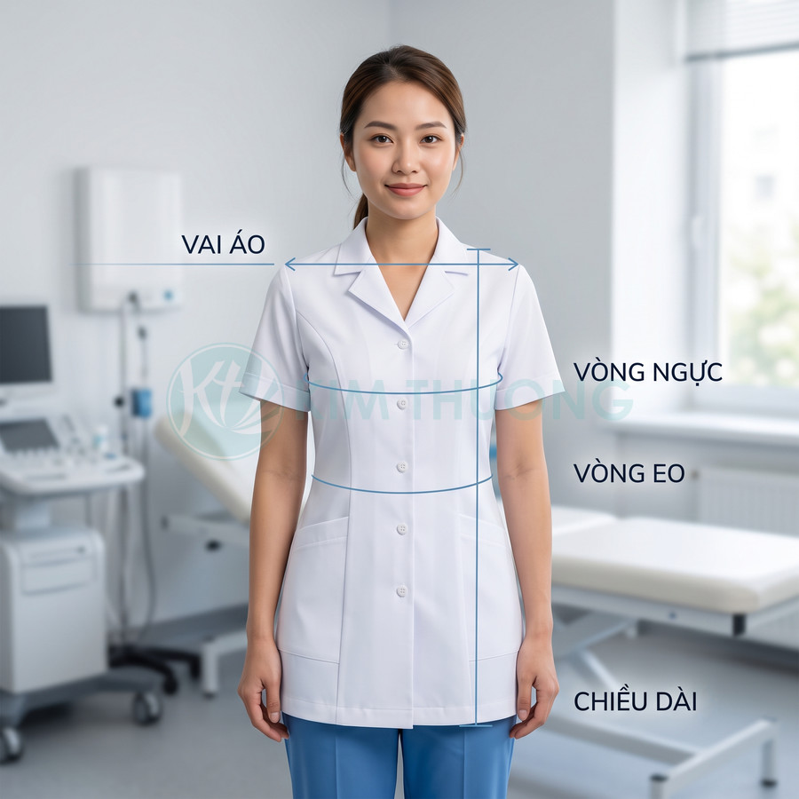 Nữ nhân viên y tế mặc áo blouse trắng đứng trong phòng khám với các vị trí đo vai ngực eo chiều dài