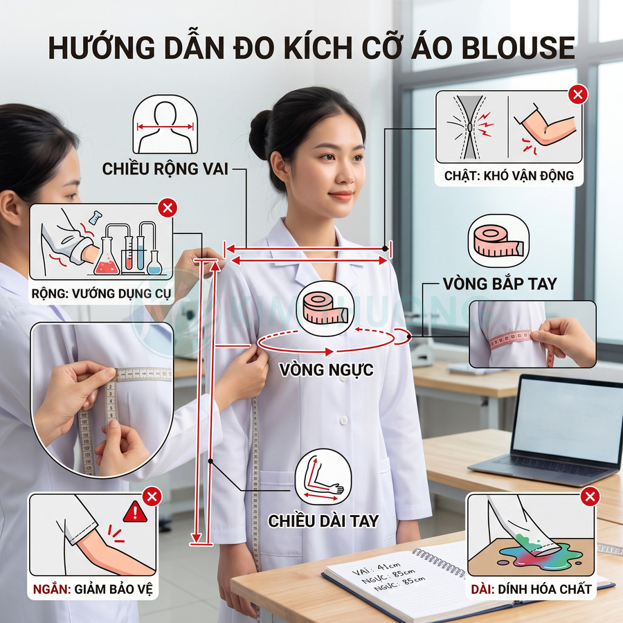 Hướng dẫn đo kích cỡ áo blouse y tế với thước dây tại phòng làm việc, tập trung các vị trí vai ngực tay