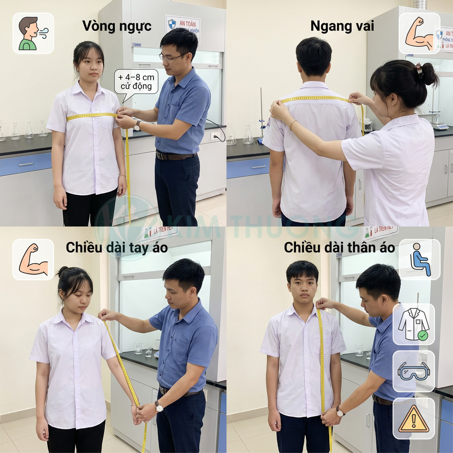 Nhân viên dùng thước dây đo vòng ngực, ngang vai, chiều dài tay áo và thân áo sơ mi học sinh