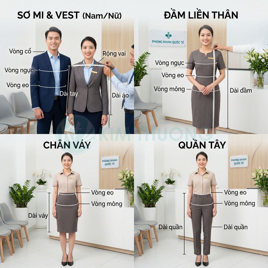 Nhân viên nữ mặc đồng phục công sở được đo số đo áo vest đầm liền thân chân váy và quần tây trong phòng khám