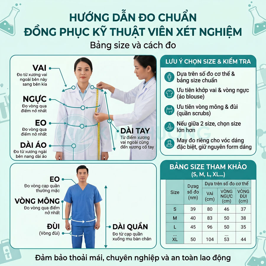 Hướng dẫn đo size đồng phục kỹ thuật viên xét nghiệm với mẫu áo blouse và quần scrubs màu xanh