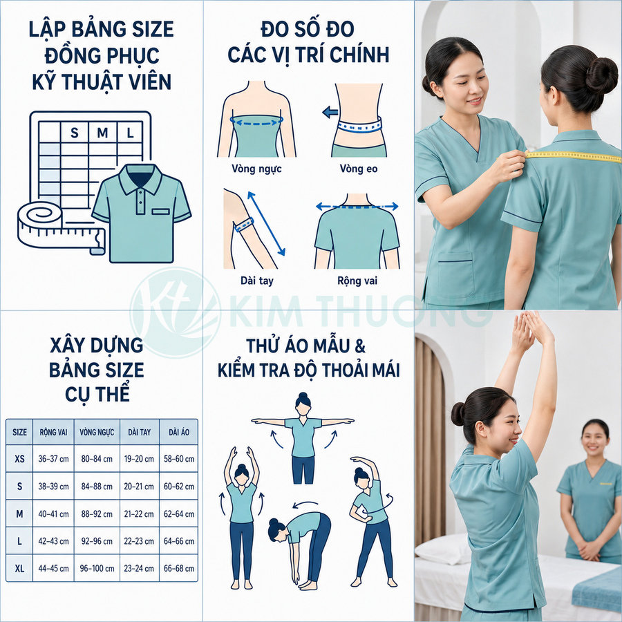 Hướng dẫn đo size và thử đồng phục kỹ thuật viên màu xanh cho nữ nhân viên spa