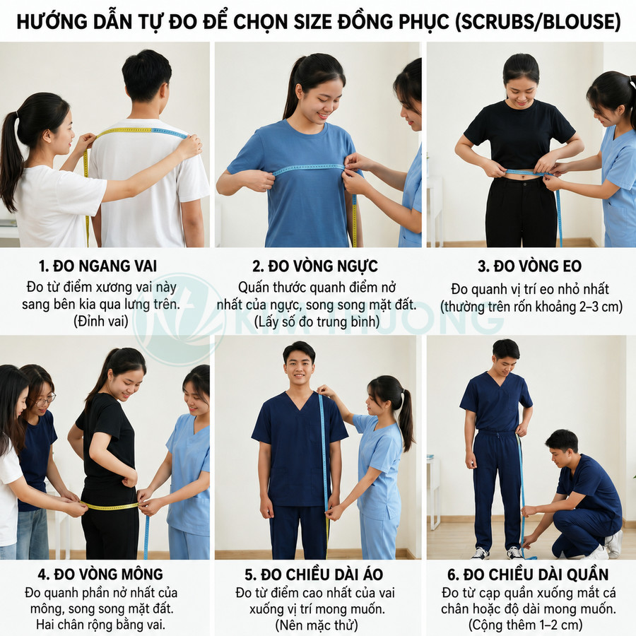 Hướng dẫn đo cơ thể chọn size đồng phục y tế scrubs với người mẫu được đo bằng thước dây