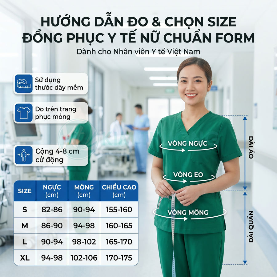 Bảng hướng dẫn đo và chọn size đồng phục y tế nữ với nữ điều dưỡng mặc đồ xanh cầm thước dây