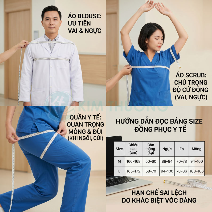 Hướng dẫn đo size đồng phục y tế với áo blouse, áo scrub và quần y tế màu xanh lam