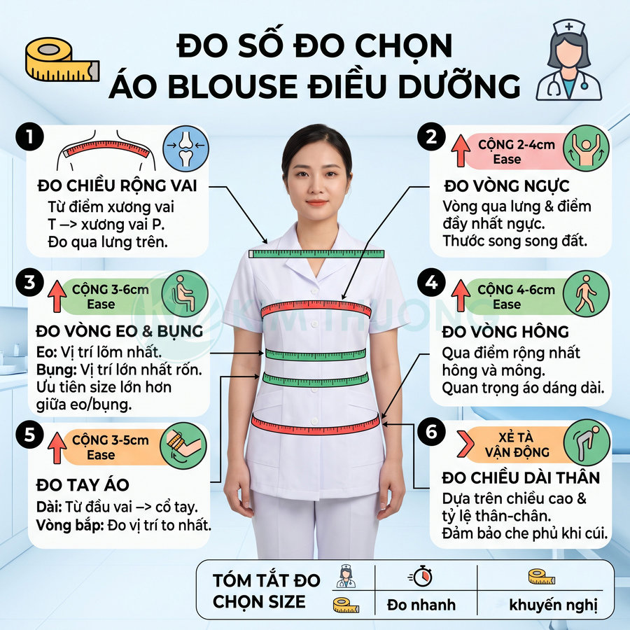 Hướng dẫn đo số chọn áo blouse điều dưỡng nữ với các vị trí đo vai, ngực, eo, hông, tay và chiều dài thân