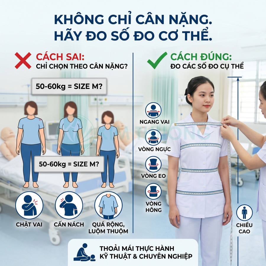Đo số đo cơ thể cho nữ điều dưỡng để chọn size đồng phục y tá vừa vặn, thoải mái khi làm việc