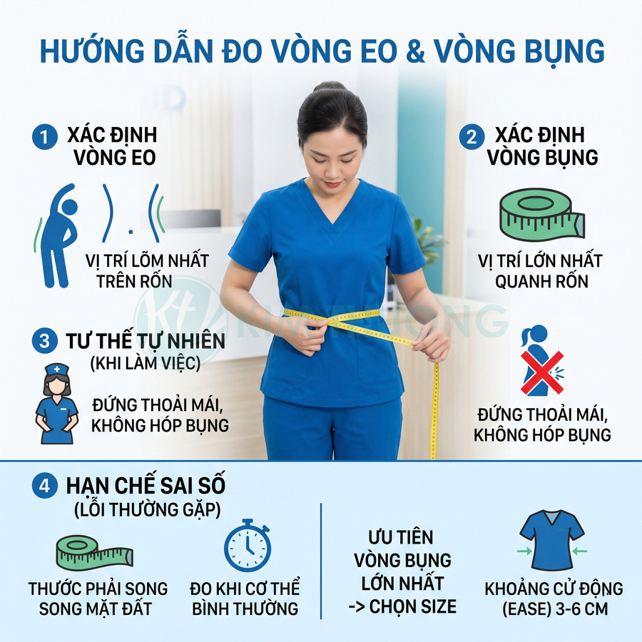 Hướng dẫn đo vòng eo và vòng bụng cho nữ nhân viên y tế mặc đồng phục xanh