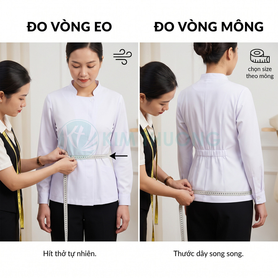 Nhân viên đo vòng eo và vòng mông cho phụ nữ mặc áo blouse trắng bằng thước dây may đo