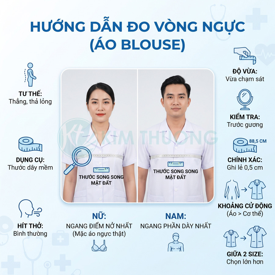 Hướng dẫn đo vòng ngực áo blouse trên người mẫu mặc áo blouse trắng bằng thước dây mềm