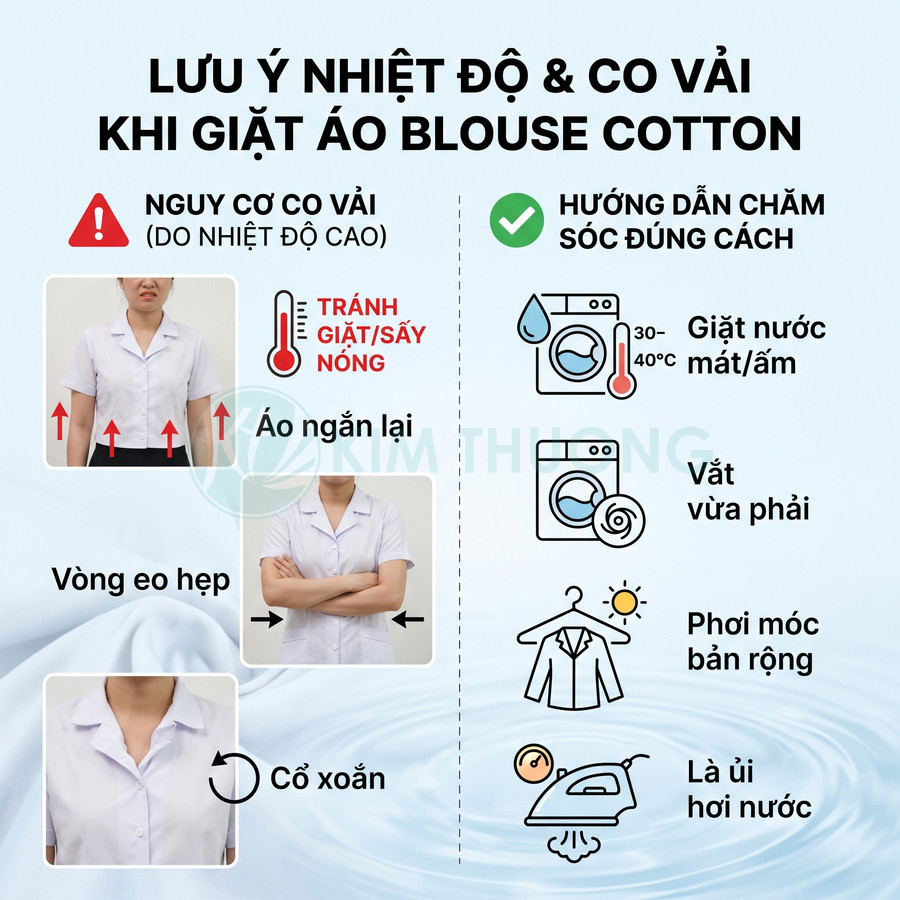 Hướng dẫn giặt áo blouse cotton để tránh co vải, gồm giặt nước mát, vắt nhẹ, phơi móc bản rộng và là hơi nước
