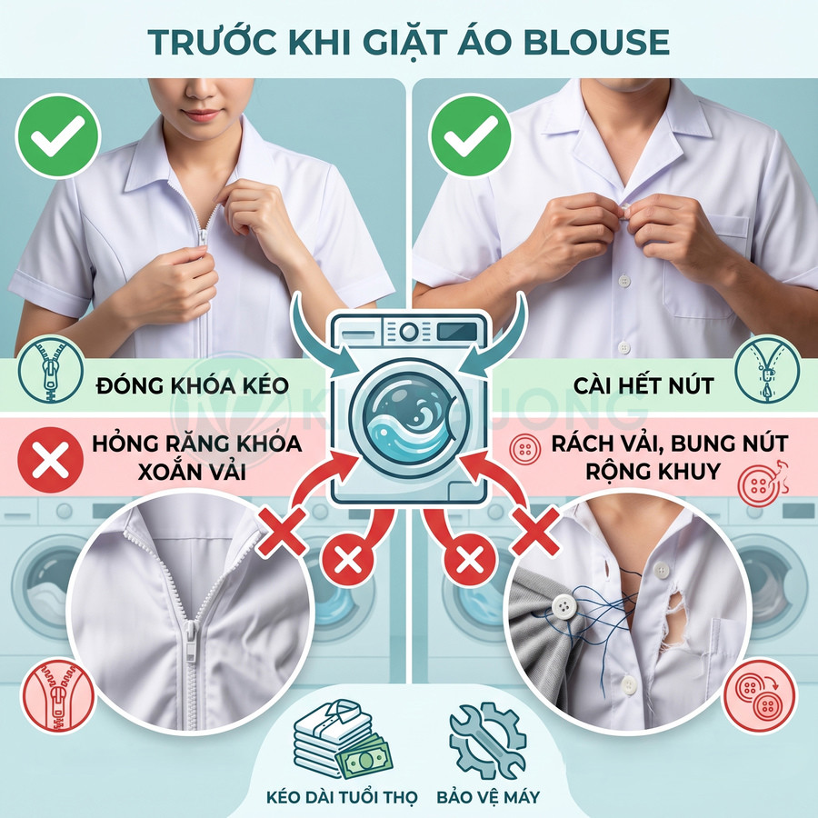Hướng dẫn cài hết nút hoặc kéo khóa áo blouse trắng trước khi giặt để tránh rách vải hỏng khóa