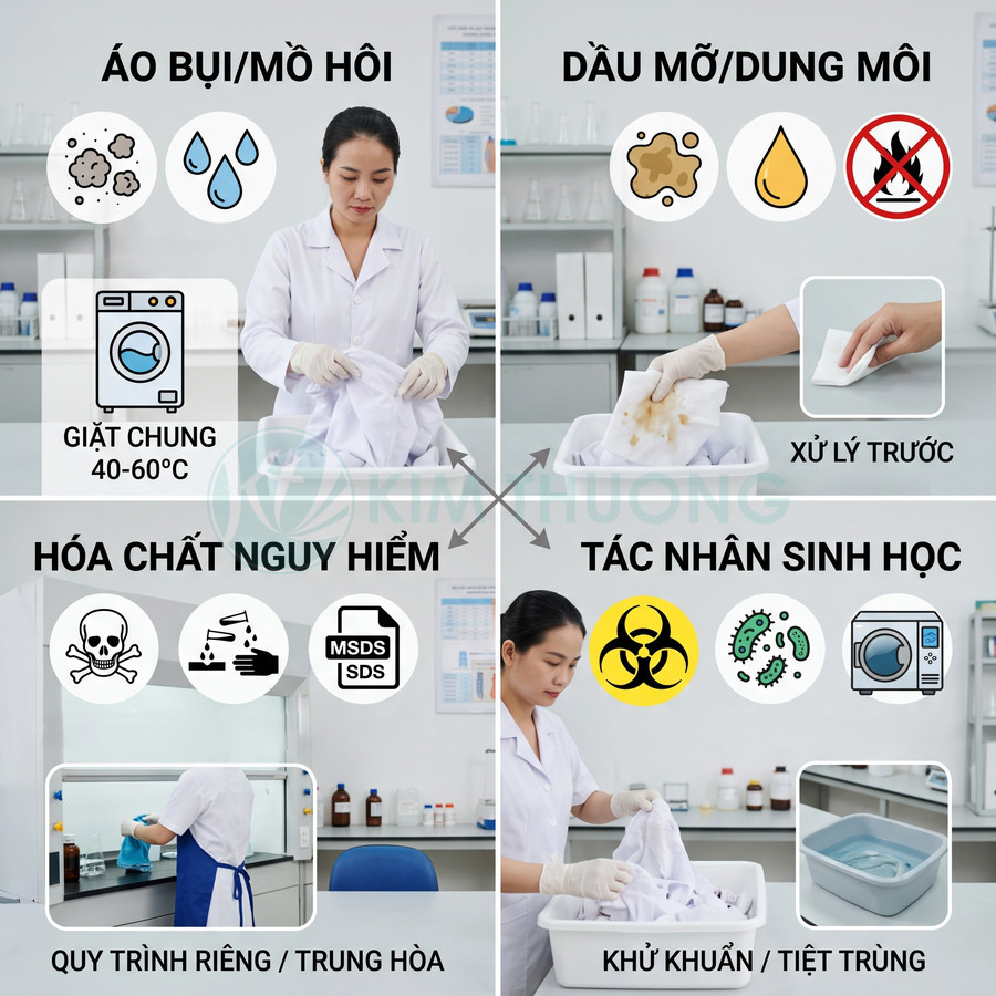 Nhân viên phòng thí nghiệm xử lý và giặt áo blouse dính bụi mồ hôi dầu mỡ hóa chất và tác nhân sinh học