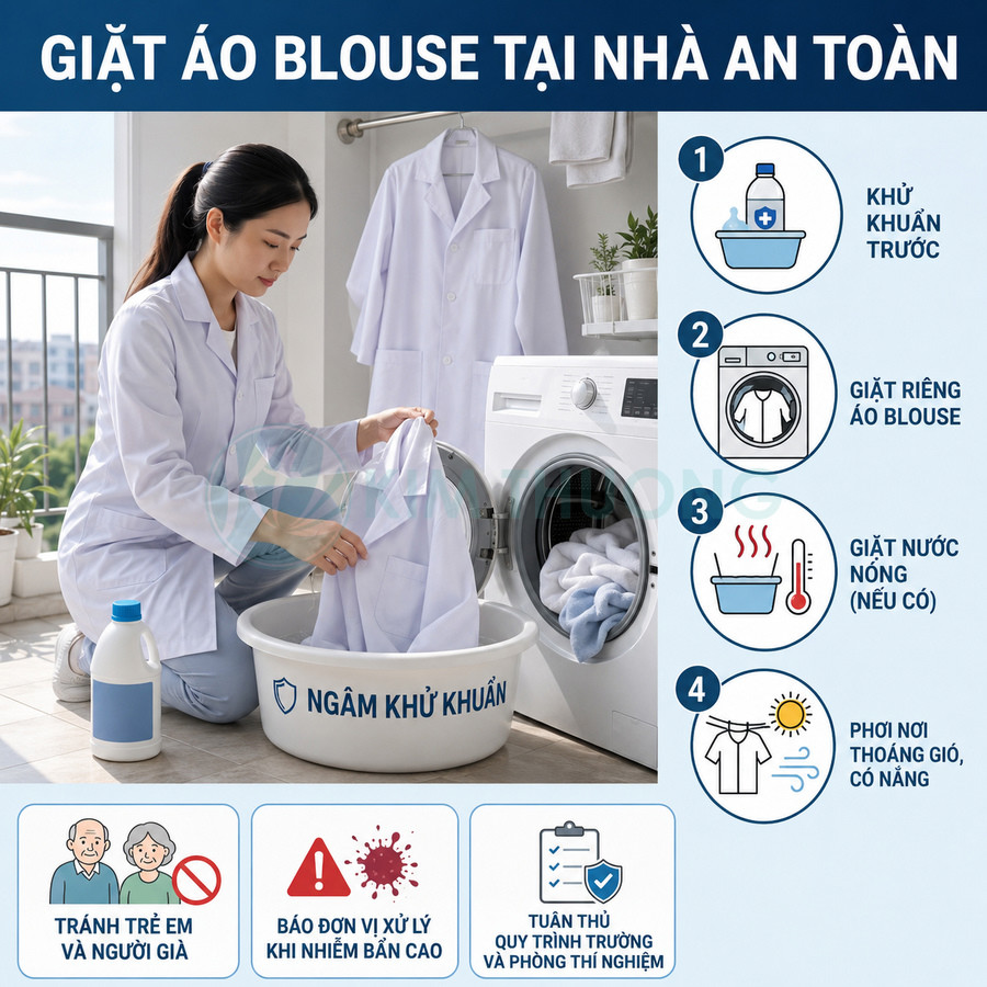 Hướng dẫn giặt áo blouse tại nhà an toàn với bước ngâm khử khuẩn và giặt riêng bằng máy giặt