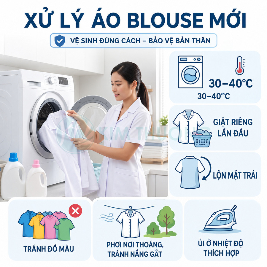 Hướng dẫn giặt áo blouse trắng mới với máy giặt, tránh đồ màu, phơi nơi thoáng và ủi ở nhiệt độ phù hợp