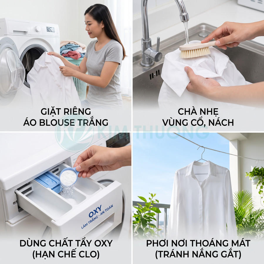 Hướng dẫn giặt áo blouse trắng với máy giặt, chất tẩy oxy và phơi nơi thoáng mát tránh nắng gắt
