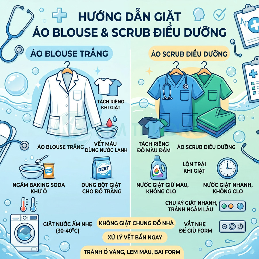 Hướng dẫn giặt áo blouse trắng và áo scrub điều dưỡng với các bước xử lý vết bẩn và giữ màu vải
