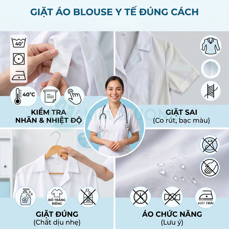 Hướng dẫn giặt áo blouse y tế đúng cách với bác sĩ mặc áo trắng và các biểu tượng chăm sóc vải