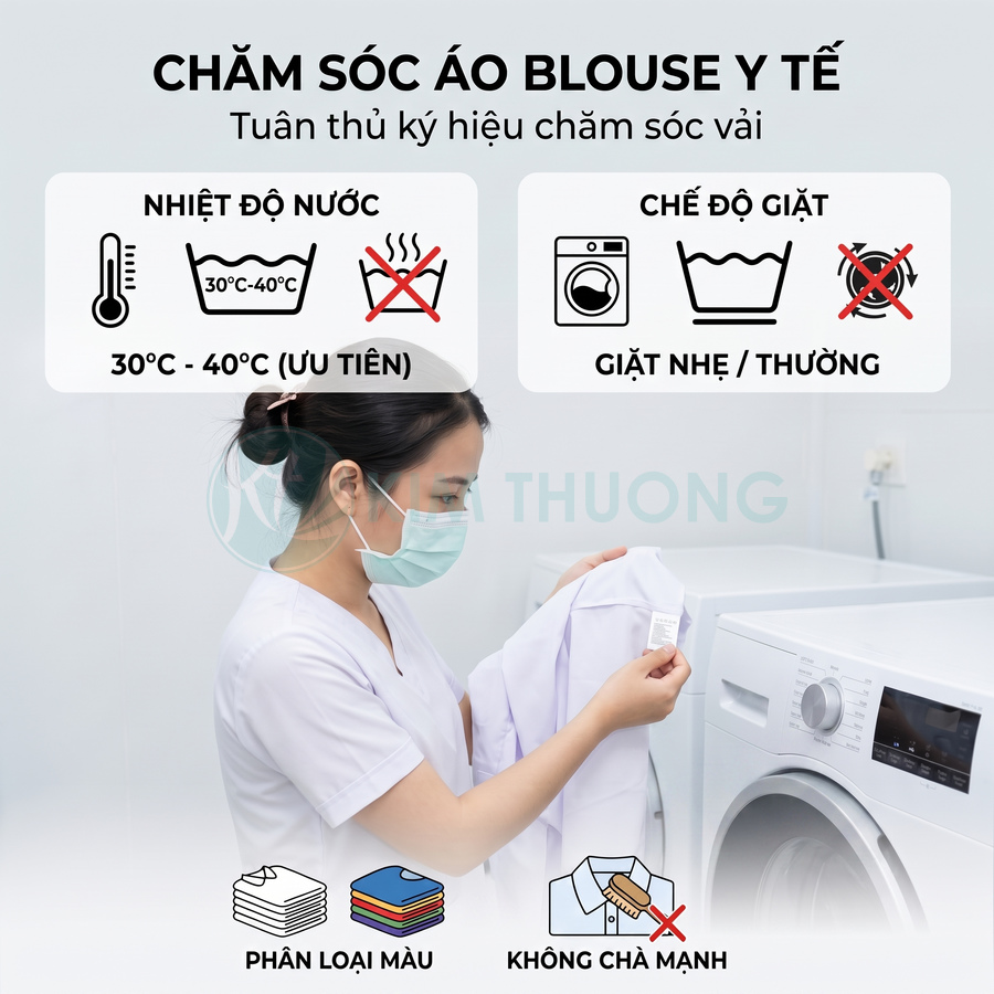 Hướng dẫn giặt và chăm sóc áo blouse y tế với nhiệt độ nước, chế độ giặt và lưu ý phân loại màu