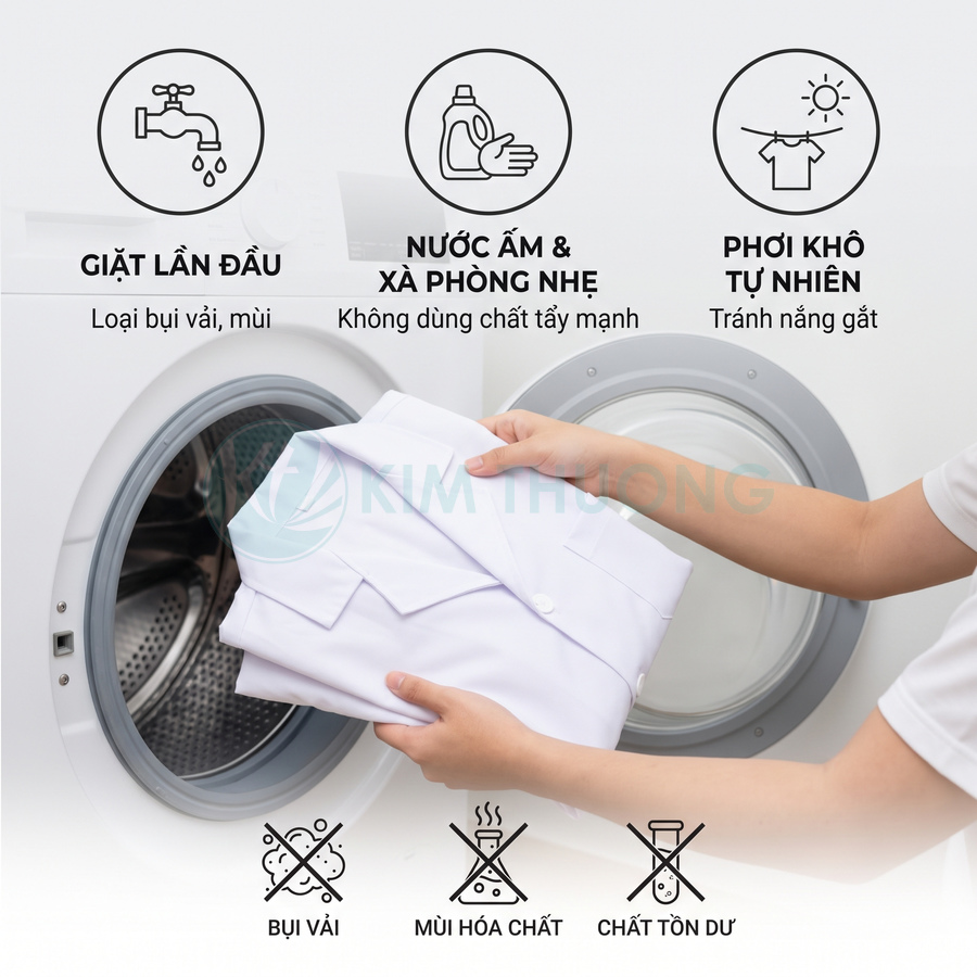 Áo trắng được cầm trước máy giặt cửa trước, kèm hướng dẫn giặt nhẹ và phơi khô tự nhiên