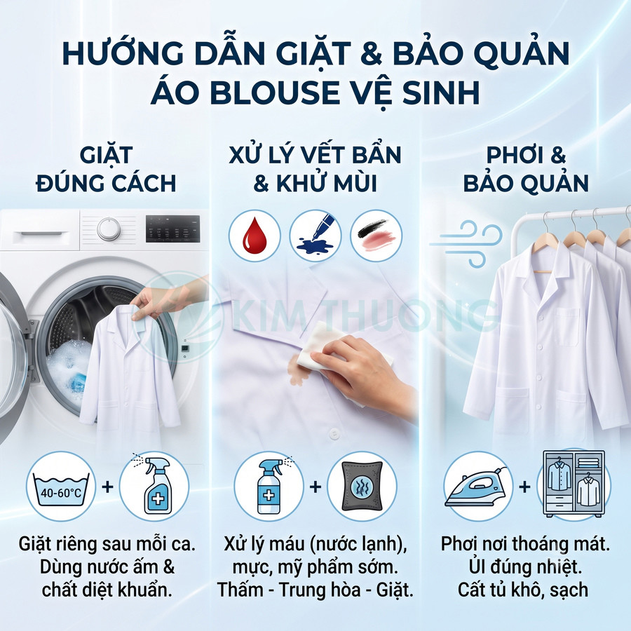Hướng dẫn giặt và bảo quản áo blouse y tế trắng sạch, xử lý vết bẩn và phơi ủi đúng cách