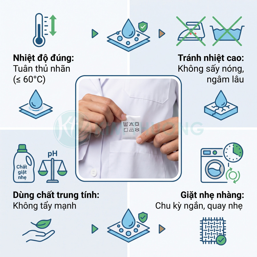 Nhãn hướng dẫn giặt áo với nước tối đa 60 độ, chất giặt trung tính và chế độ giặt nhẹ nhàng