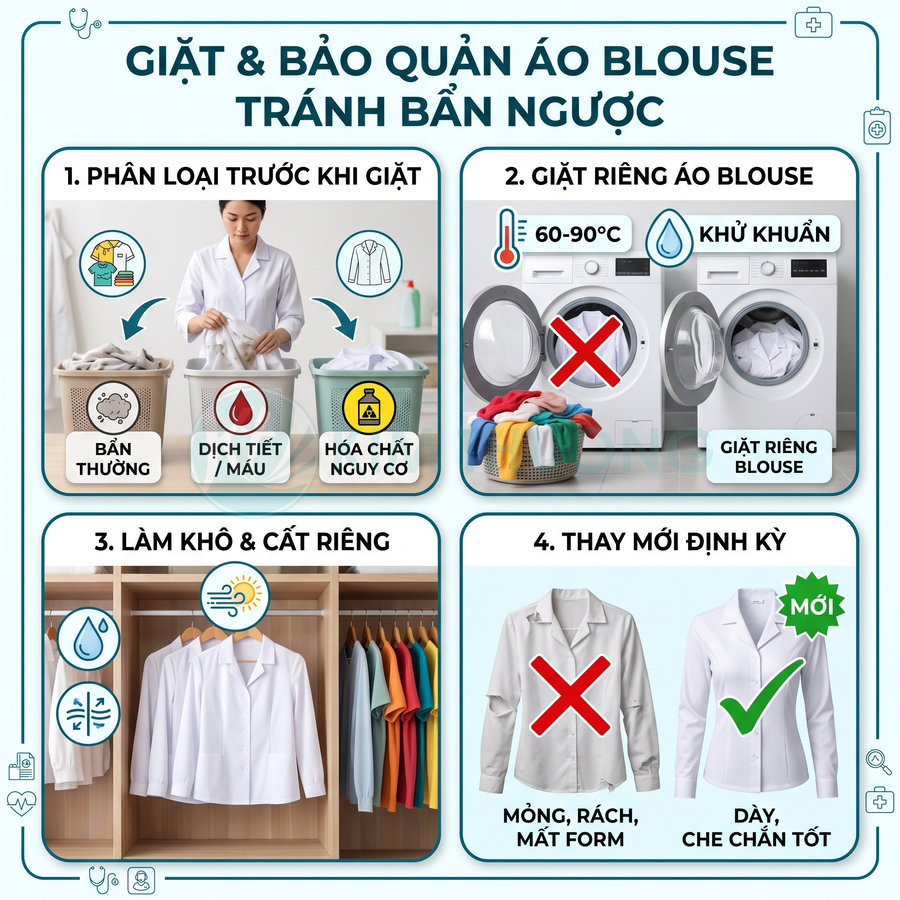 Hướng dẫn giặt và bảo quản áo blouse trắng riêng, phơi khô, cất riêng và thay áo mới định kỳ