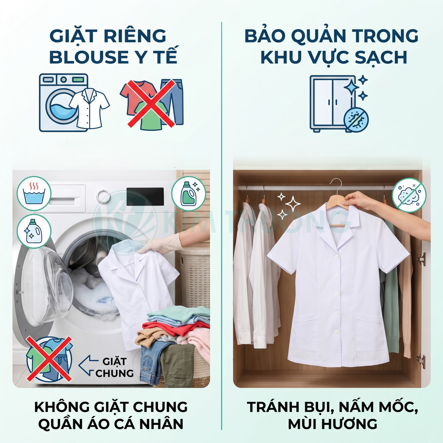 Hướng dẫn giặt riêng và bảo quản áo blouse y tế trắng trong tủ quần áo sạch, tránh giặt chung đồ cá nhân