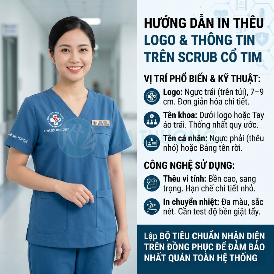 Nữ điều dưỡng mặc đồng phục scrub cổ tim màu xanh in thêu logo bệnh viện và bảng tên ở ngực