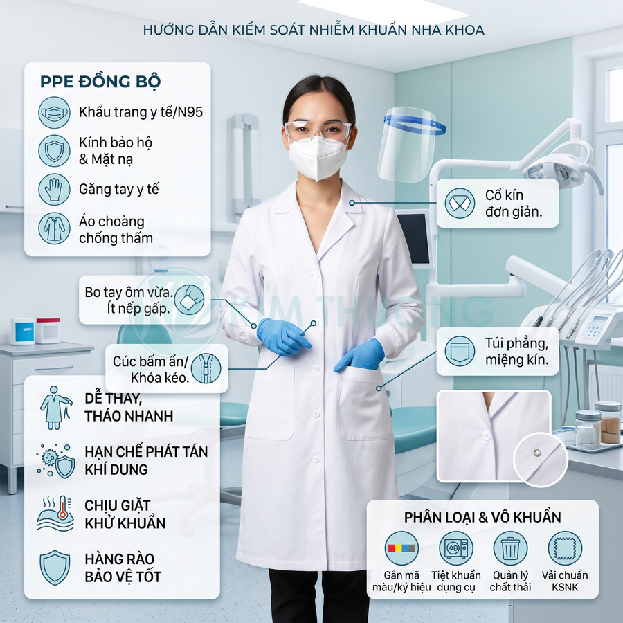 Bác sĩ nha khoa mang áo choàng chống thấm, găng tay, khẩu trang và kính bảo hộ trong phòng khám sạch khuẩn