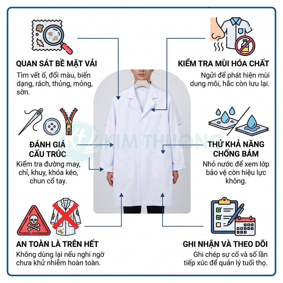 Áo blouse trắng kháng hóa chất với hướng dẫn kiểm tra bề mặt, cấu trúc, mùi và khả năng chống bám.