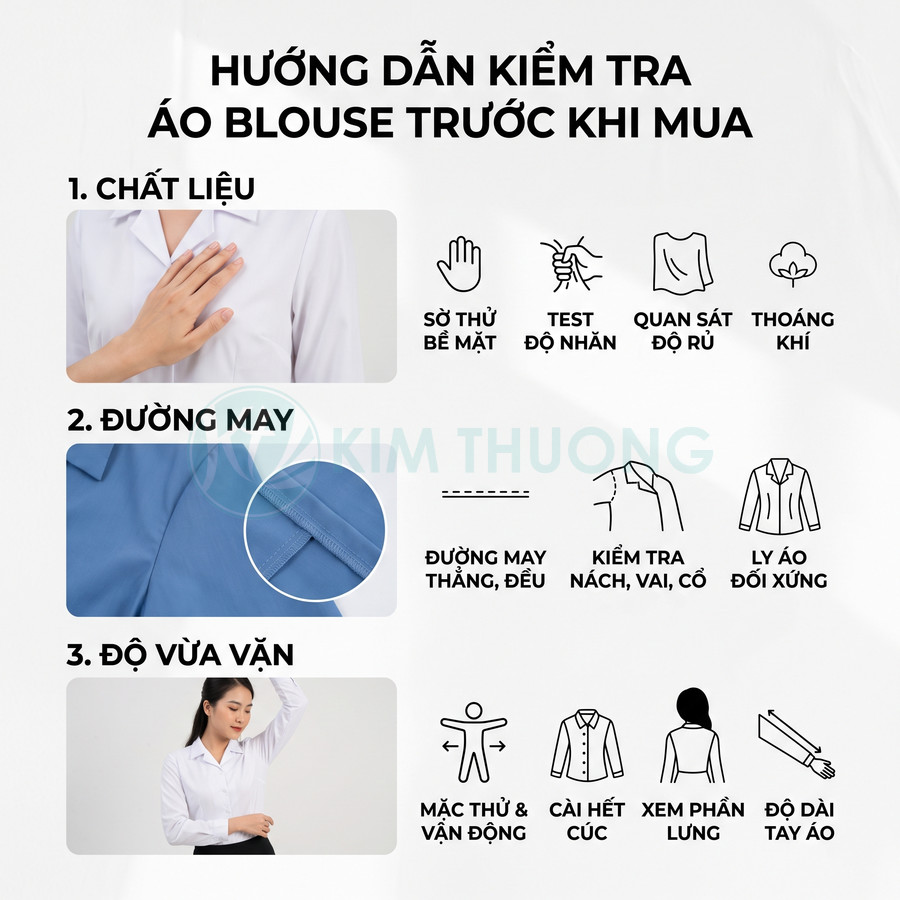 Hướng dẫn kiểm tra chất liệu, đường may và độ vừa vặn khi chọn mua áo blouse trắng nữ