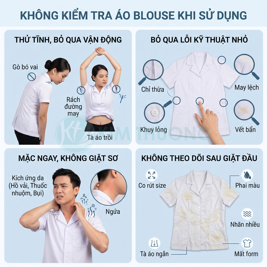 Hướng dẫn kiểm tra áo blouse y tế trước khi sử dụng với các lỗi may, bẩn, kích ứng da và biến dạng sau giặt