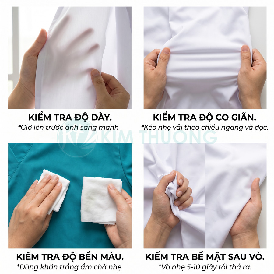 Hướng dẫn kiểm tra chất lượng vải áo đồng phục y tế gồm độ dày, co giãn, bền màu và chống nhăn