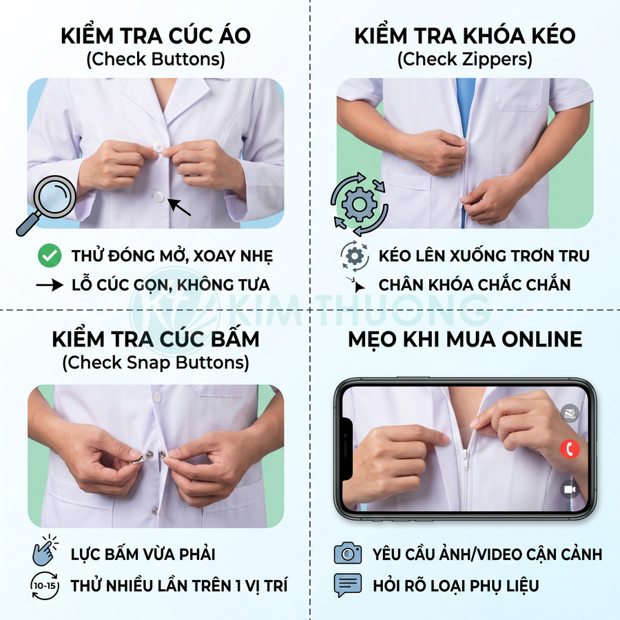 Kiểm tra cúc áo, khóa kéo và cúc bấm trên áo blouse trắng khi mua online