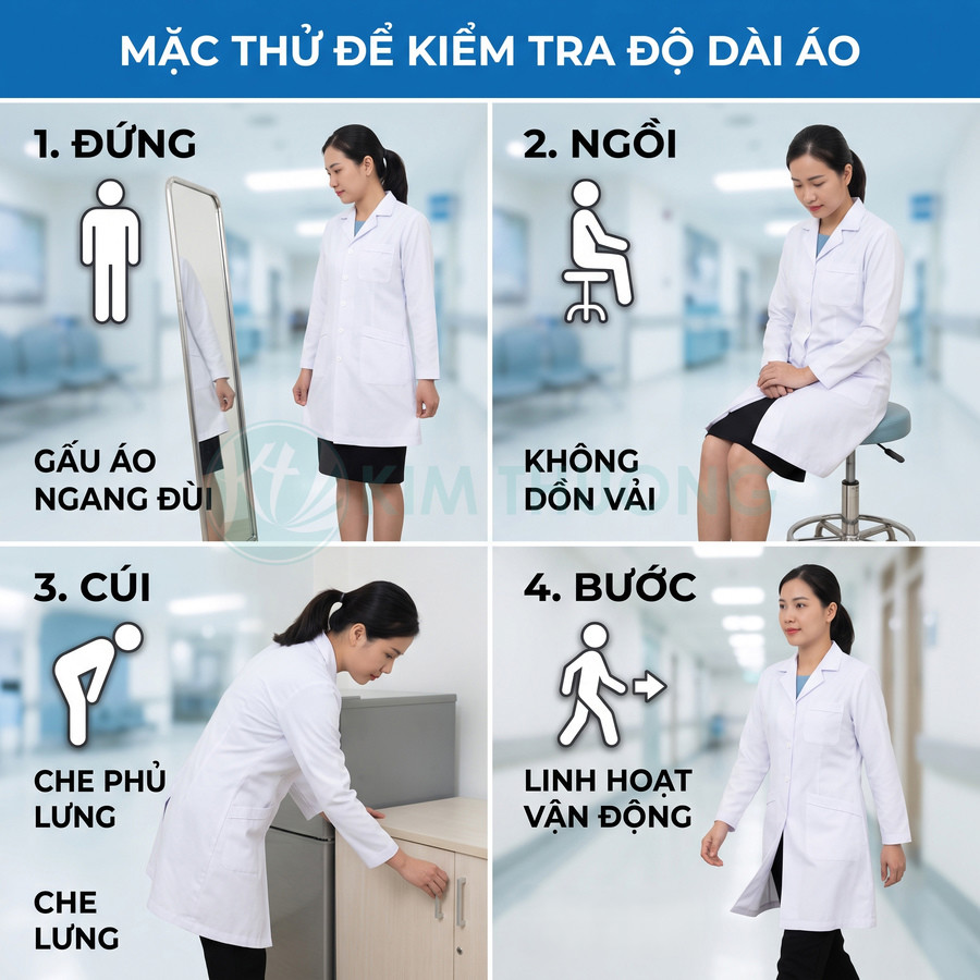 Hướng dẫn thử áo blouse bác sĩ nữ với các tư thế đứng ngồi cúi bước để kiểm tra độ dài và sự thoải mái