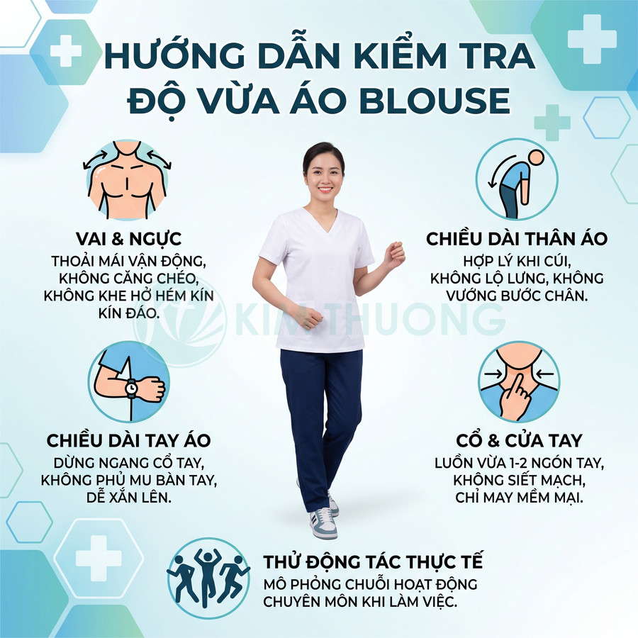 Nữ nhân viên y tế mặc áo blouse trắng quần xanh đứng minh họa cách chọn size áo vừa vặn