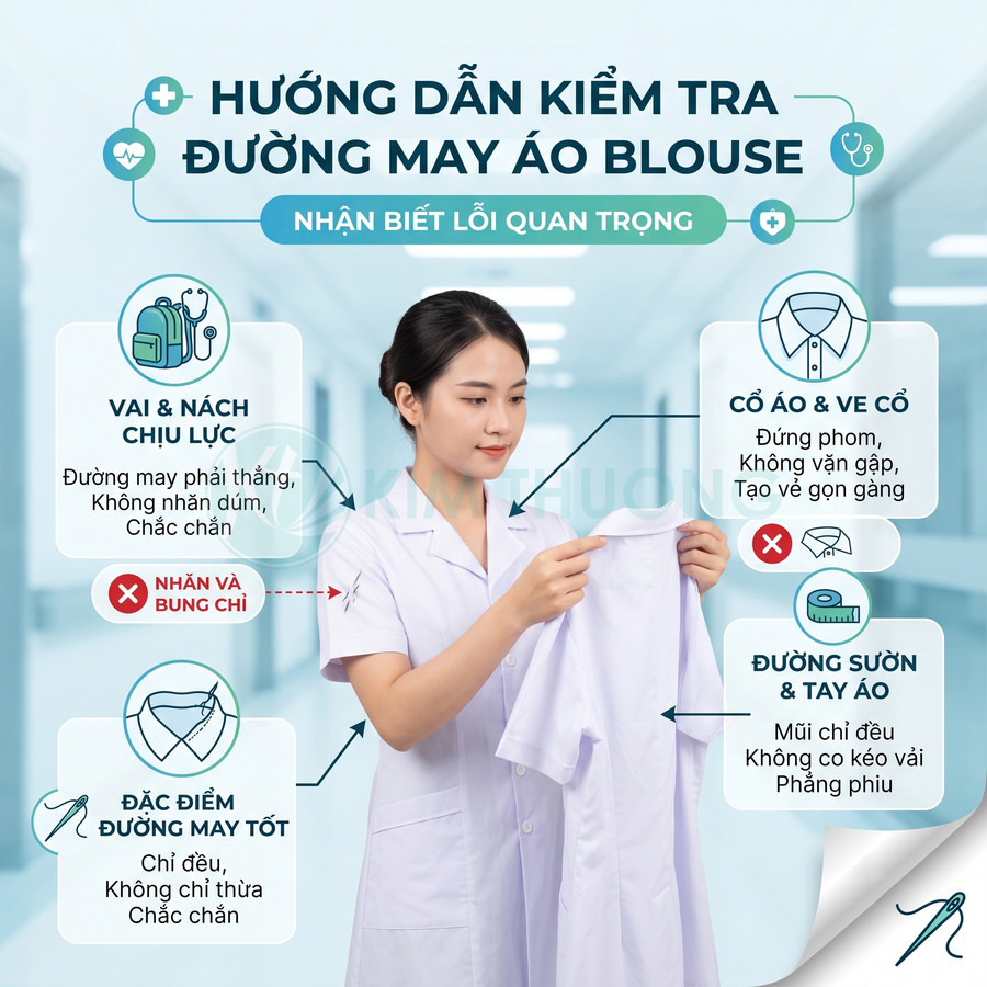 Nhân viên y tế kiểm tra đường may áo blouse trắng trong bệnh viện