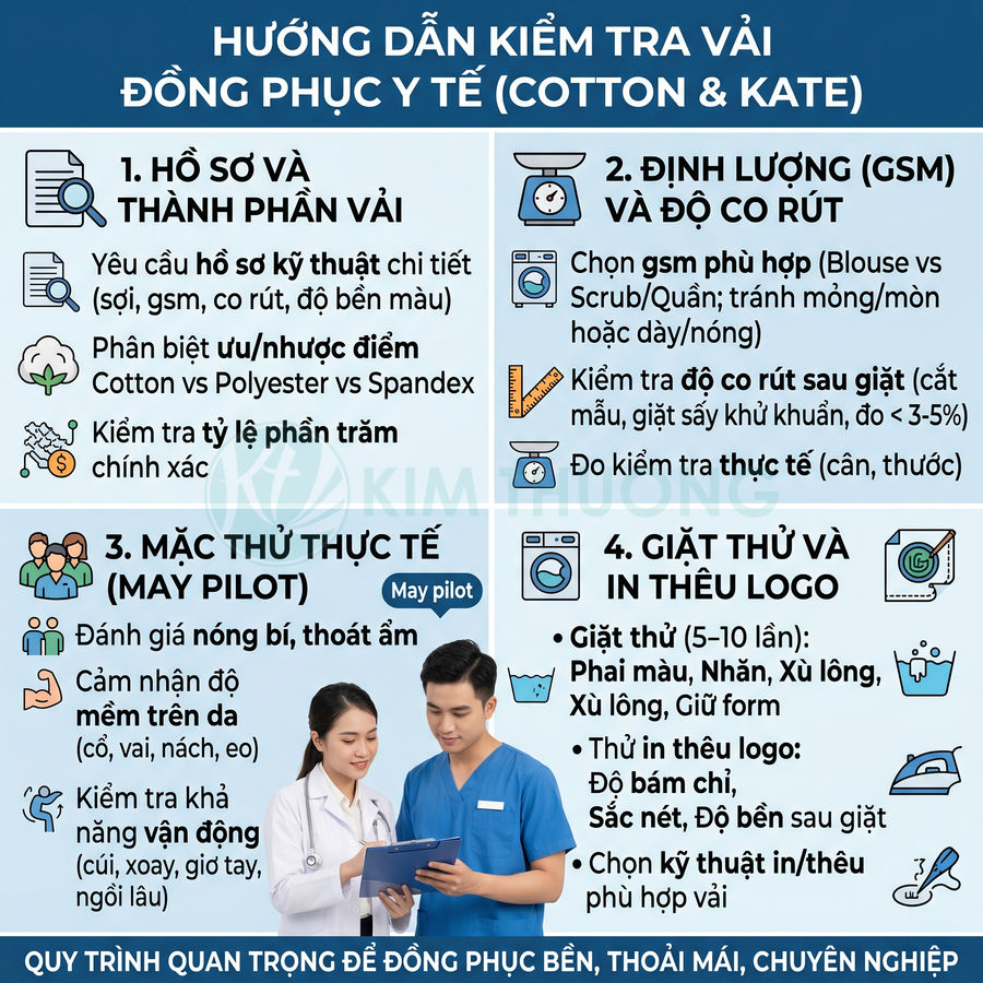 Hướng dẫn kiểm tra vải đồng phục y tế cotton kate với bác sĩ và điều dưỡng mặc thử bộ scrub xanh