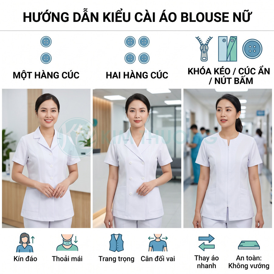 Các kiểu cài áo blouse nữ màu trắng cho nhân viên y tế gồm một hàng cúc, hai hàng cúc và khóa kéo