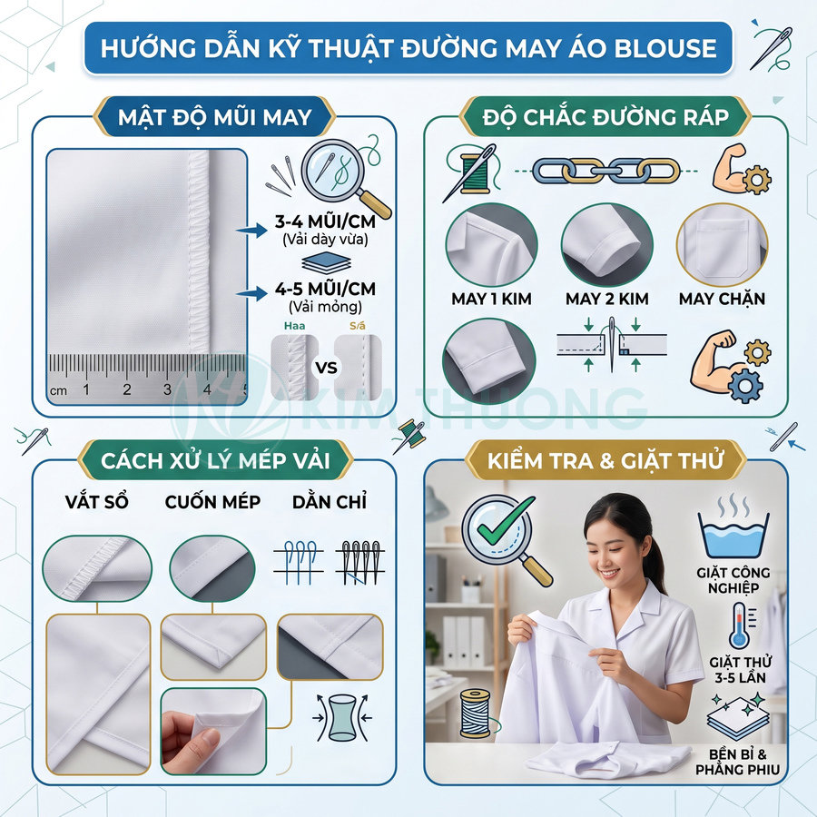 Hướng dẫn kỹ thuật đường may áo blouse trắng, xử lý mép vải và kiểm tra độ bền sau khi giặt