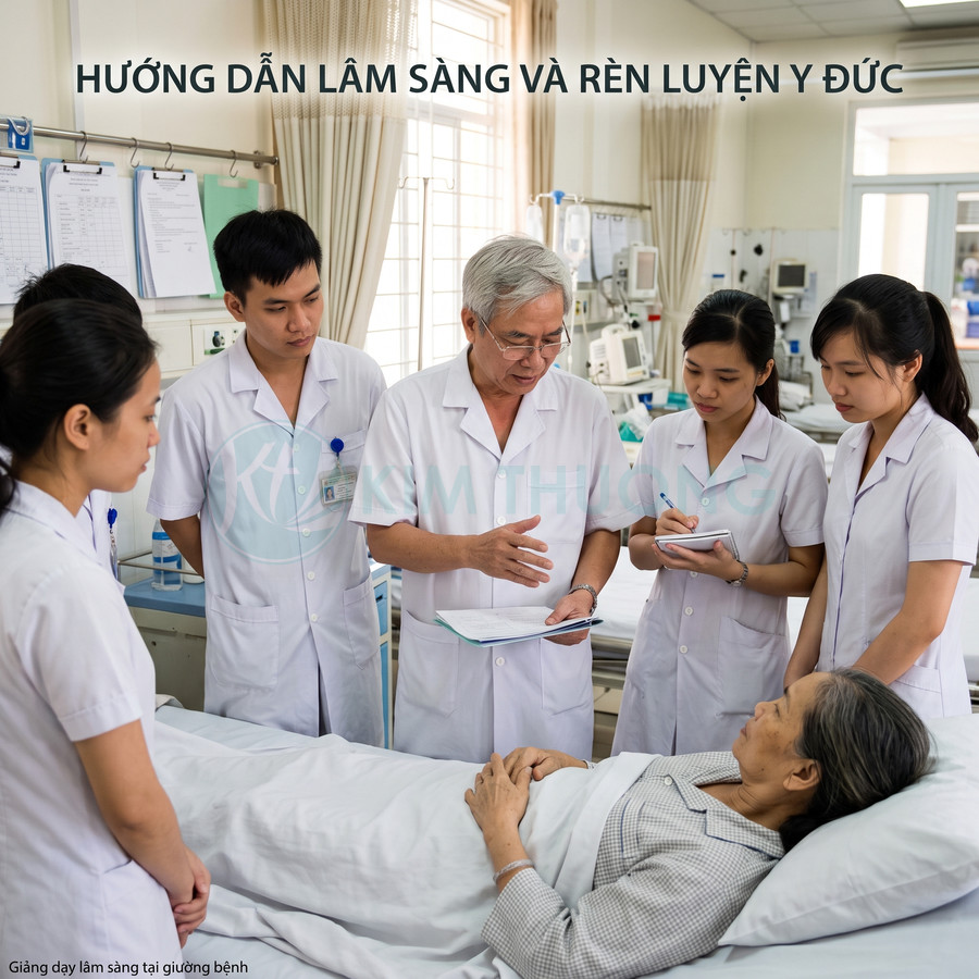 Bác sĩ hướng dẫn nhóm sinh viên y khoa thăm khám và chăm sóc bệnh nhân cao tuổi trên giường bệnh