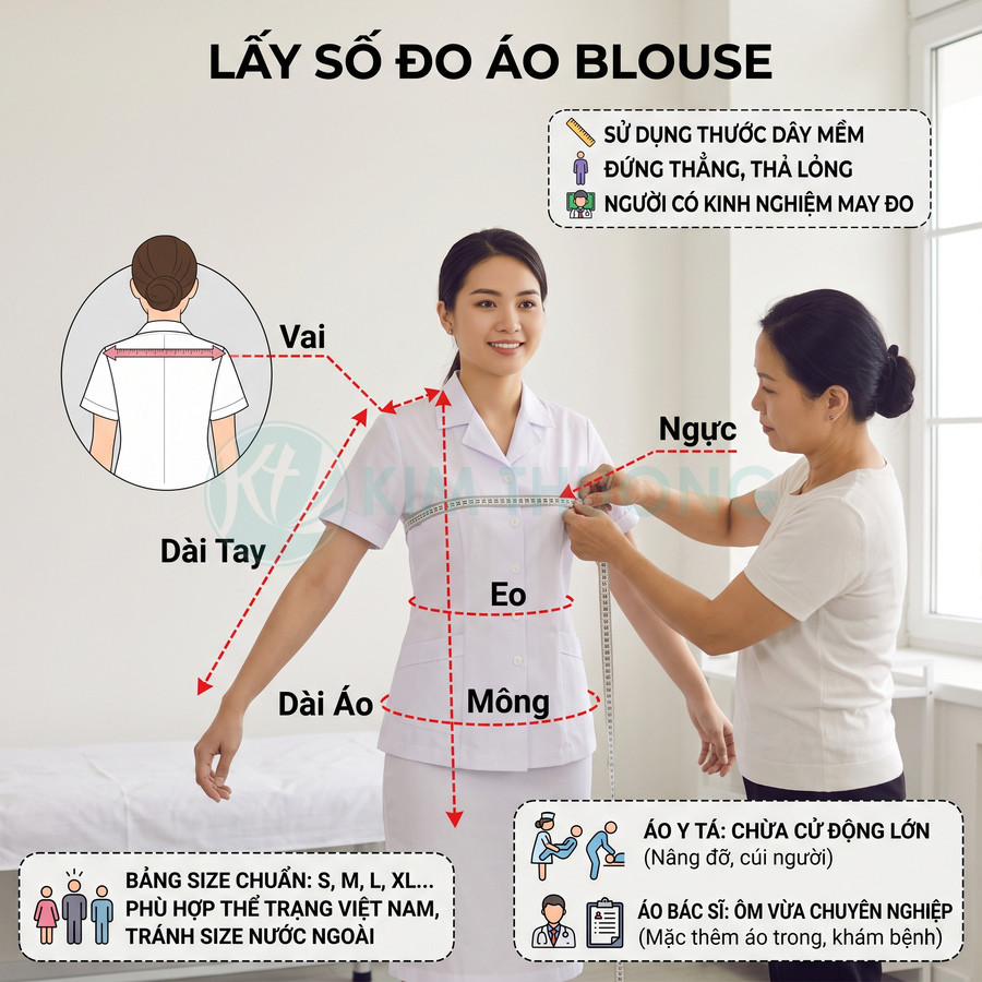 Hướng dẫn đo size áo blouse y tế với người mẫu mặc áo trắng được thợ may dùng thước dây đo số đo