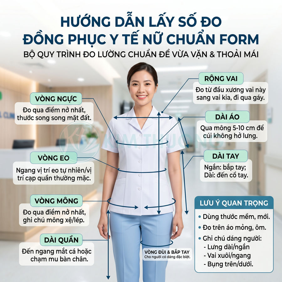 Hướng dẫn đo size đồng phục y tế nữ với người mẫu mặc áo blouse trắng và quần xanh trong bệnh viện