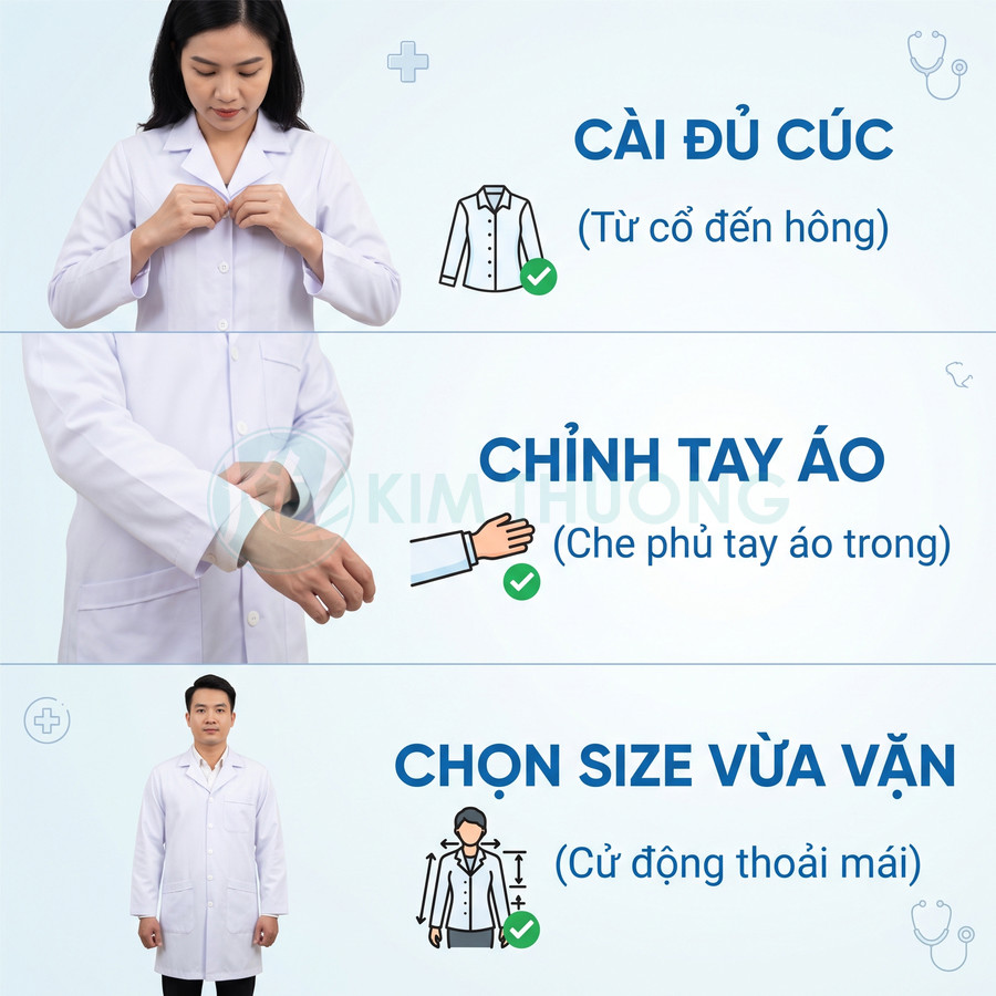 Hướng dẫn mặc áo blouse bác sĩ đúng cách với cài đủ cúc, chỉnh tay áo và chọn size vừa vặn
