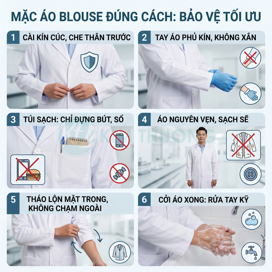 Hướng dẫn mặc áo blouse y tế đúng cách với bác sĩ minh họa và các bước bảo vệ an toàn